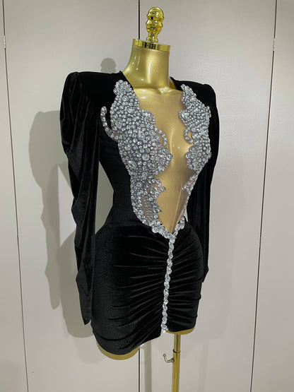 White Velvet Sexy Mesh Short Dress with Crystals