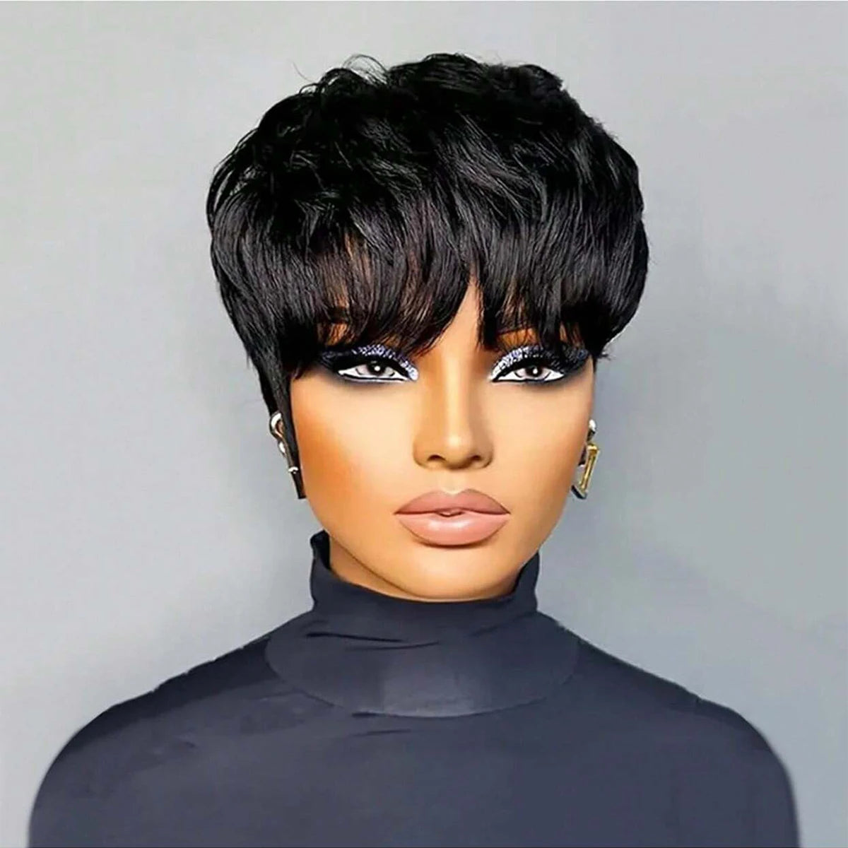 Short Bob Wig Straight Synthetic Wig with Bangs Natural Black