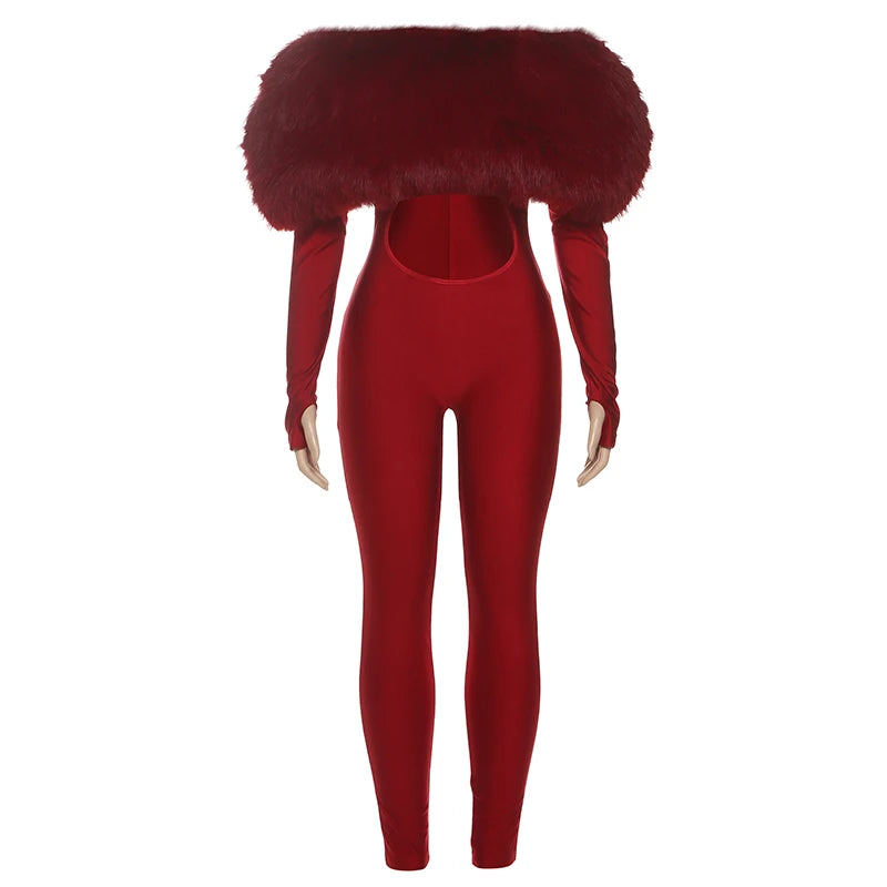 Furry Slash Neck Jumpsuit Women Polyester Elastane