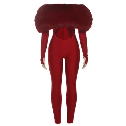 Furry Slash Neck Jumpsuit Women Polyester Elastane
