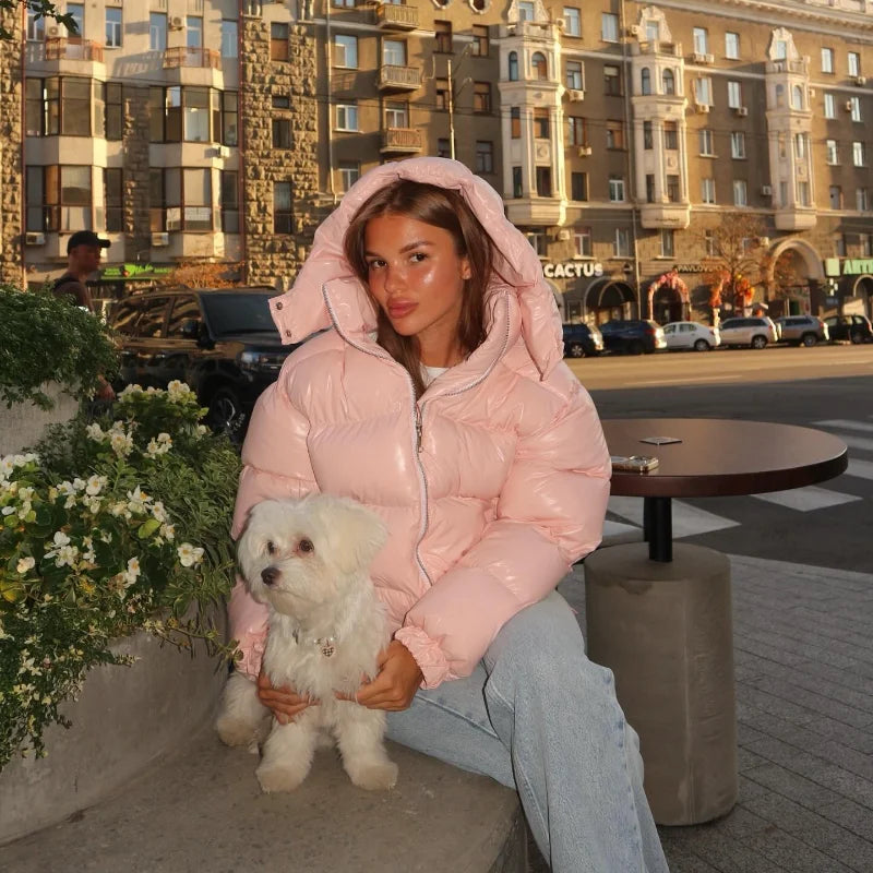 Solid Glossy Zipper Hooded Coat Women's Cotton Jacket