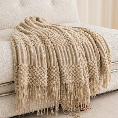 Khaki Knitted Acrylic Blanket with Tassels