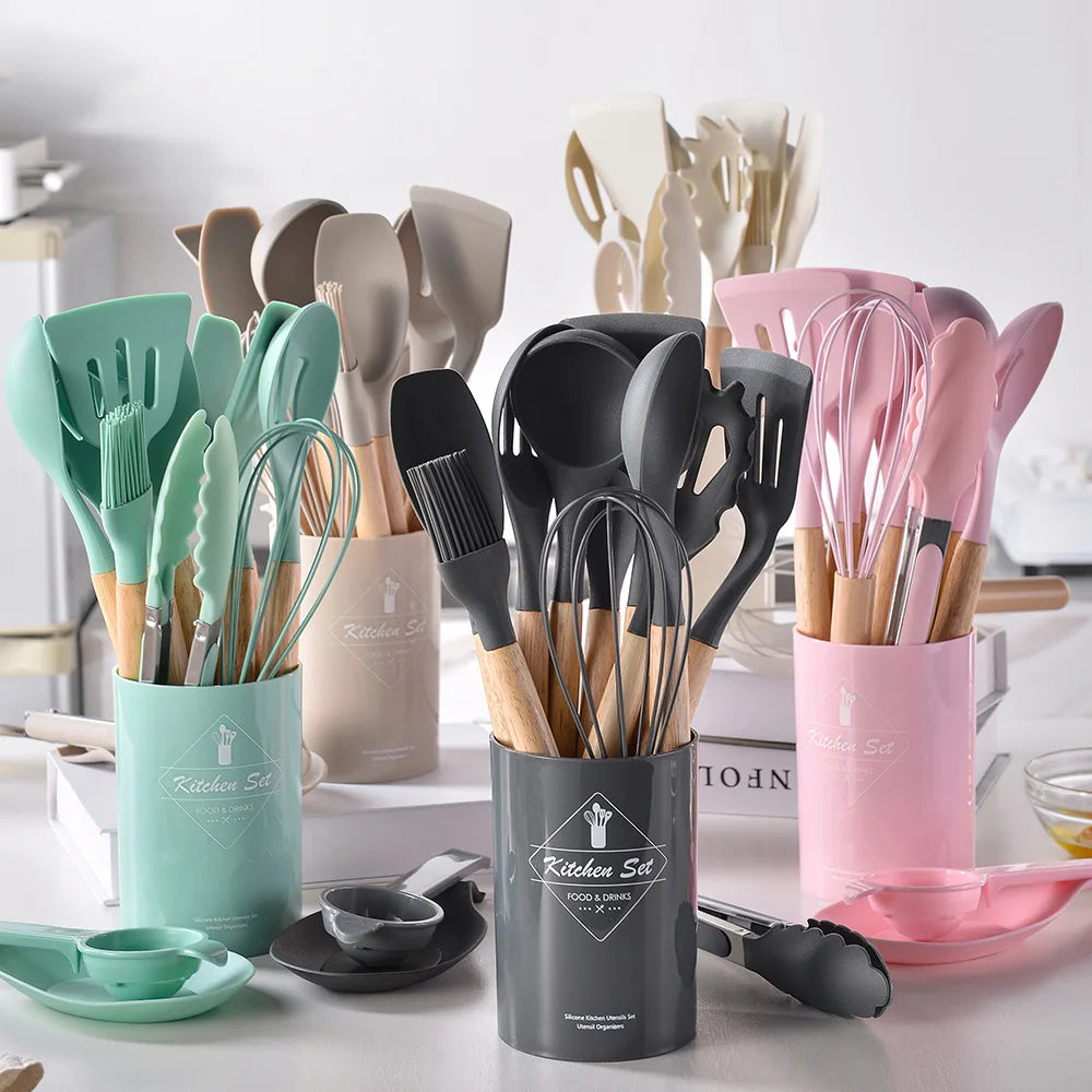12 Piece Silicone Kitchen Utensils Set with Wooden Handle