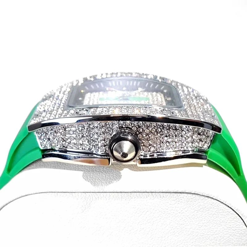 Green Tonneau Quartz Watch for Women with Iced Diamonds
