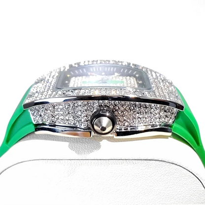 Green Tonneau Quartz Watch for Women with Iced Diamonds