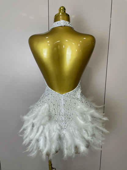 Luxury Rhinestones Pearls Feathers Halter Backless Dress