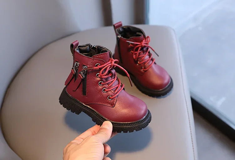Burgundy PU Leather Ankle Boots for Kids