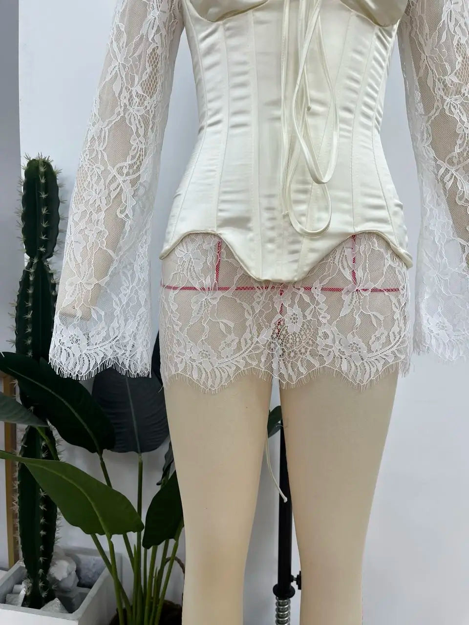 Lace Mini Dress for Women with Corset and Long Sleeves