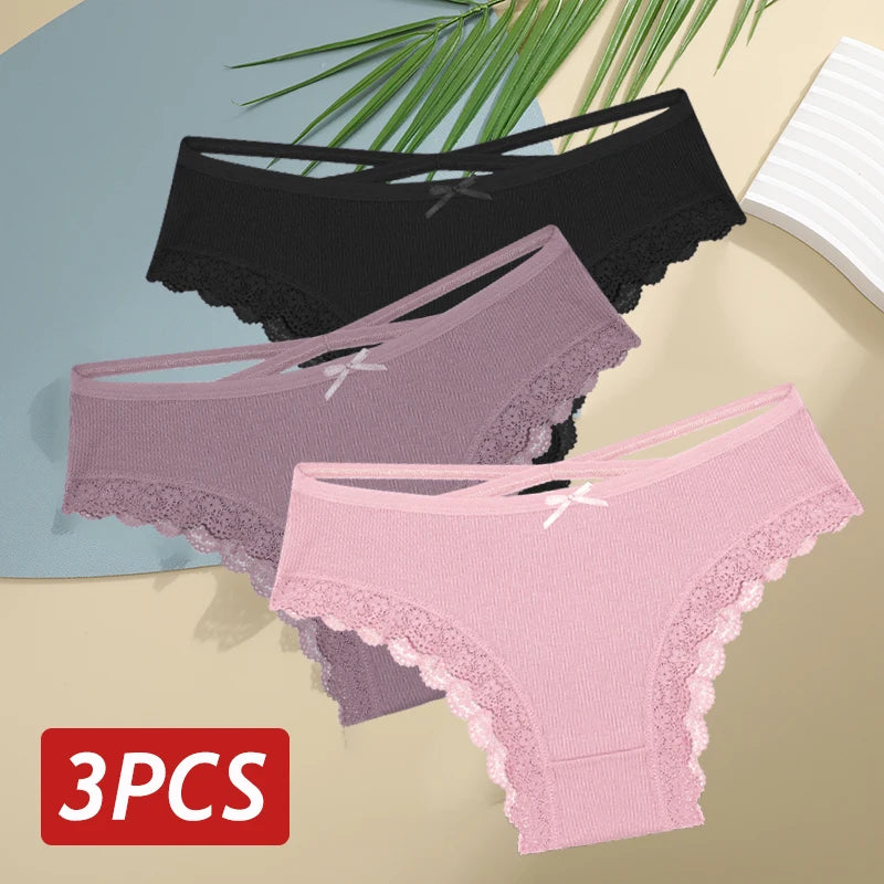 3PCS Women Cotton Lace Brazilian Panties Set S-XL