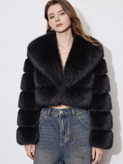 Cropped Faux Fur Coat for Women in Black