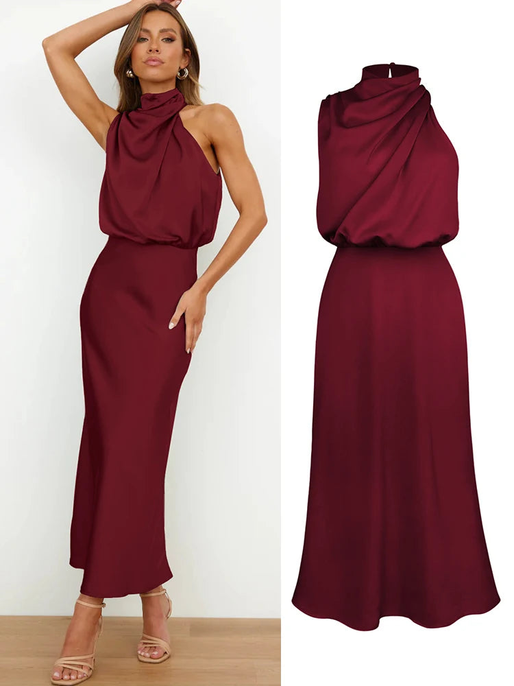 Elegant Silk Satin Sleeveless Long Dress for Women