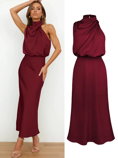 Elegant Silk Satin Sleeveless Long Dress for Women