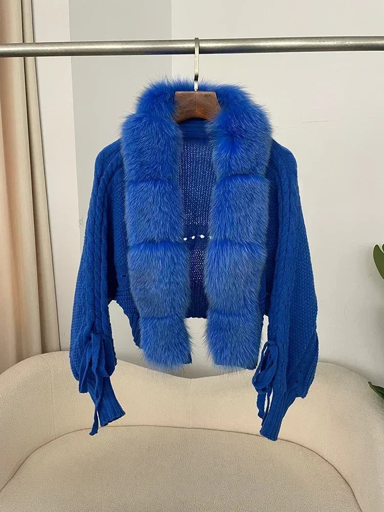 Knitted Cardigan Coat for Women with Real Fox Fur