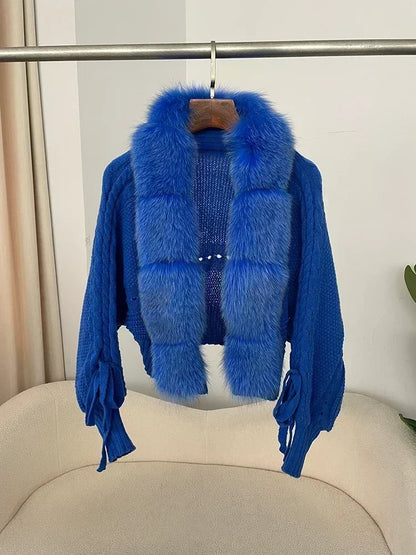 Knitted Cardigan Coat for Women with Real Fox Fur