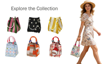 Mini Knitted Bucket Bag Women Colorblock Wristlet Purse