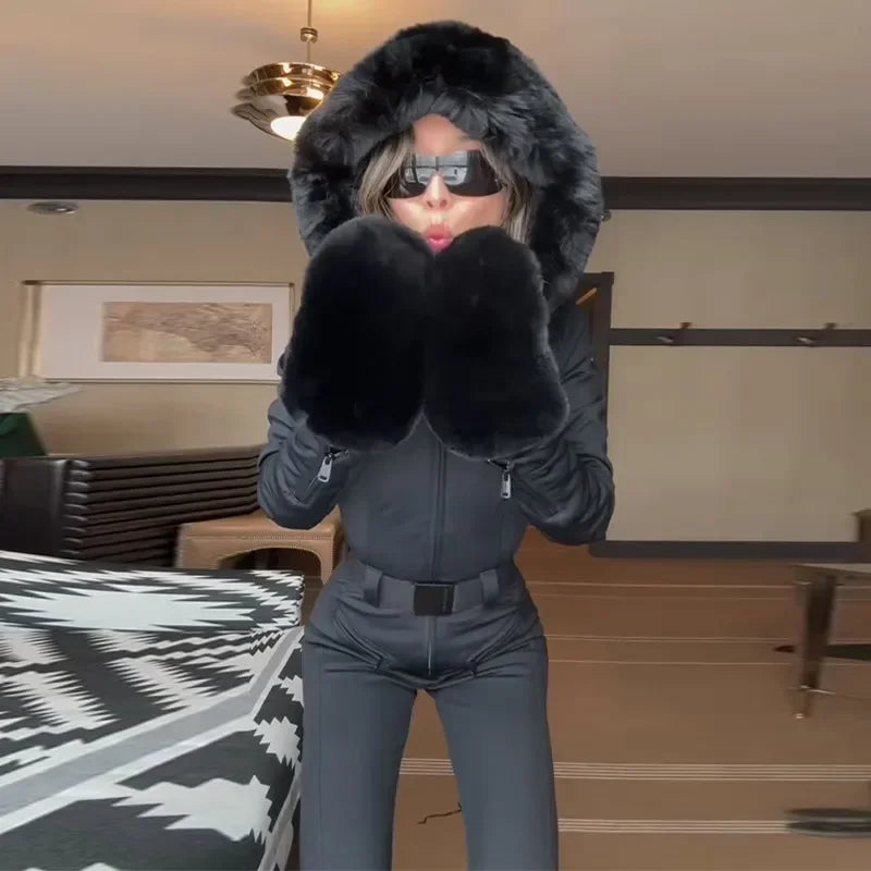 Faux Fur Hooded Women's Ski Jumpsuit with Zippers