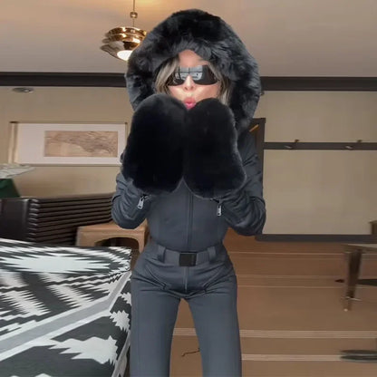 Faux Fur Hooded Women's Ski Jumpsuit with Zippers