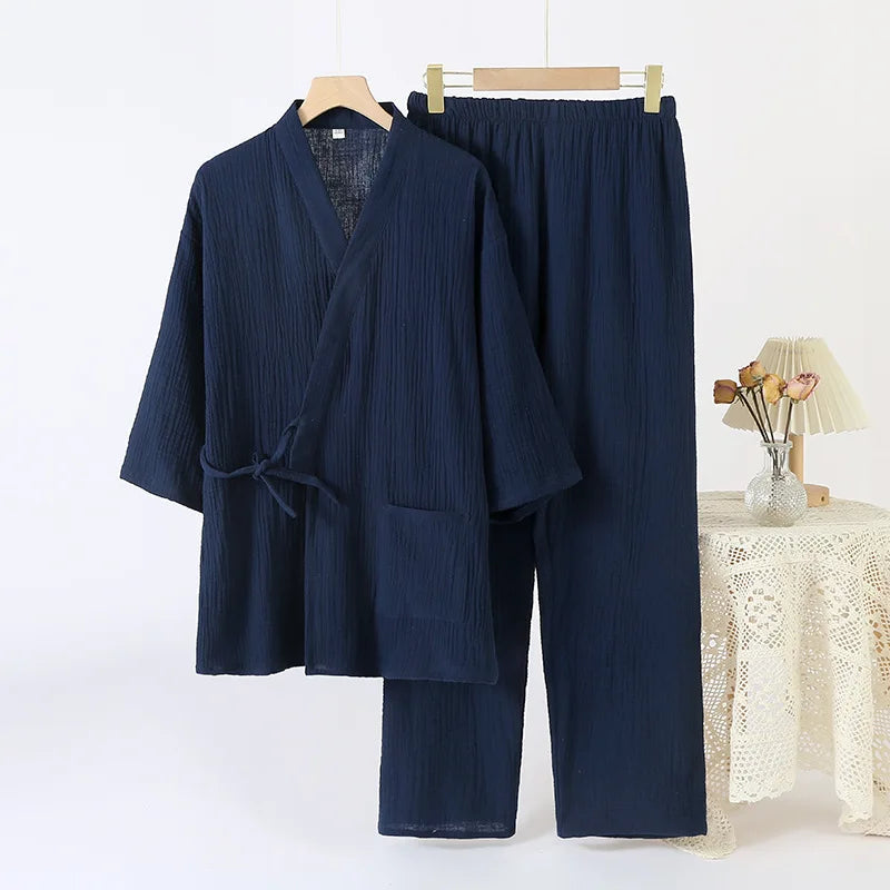 Cotton Couple Kimono Robes with Long Trousers Set
