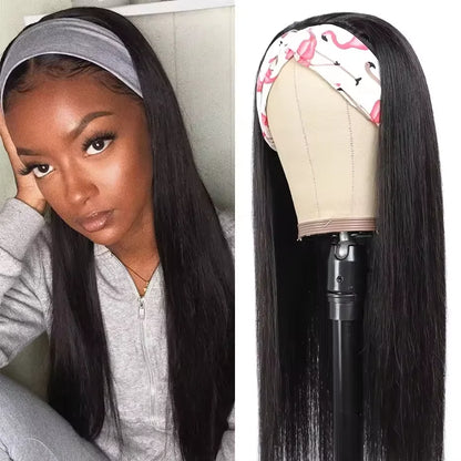 Human Hair Straight Headband Wig Natural Black 180% Density