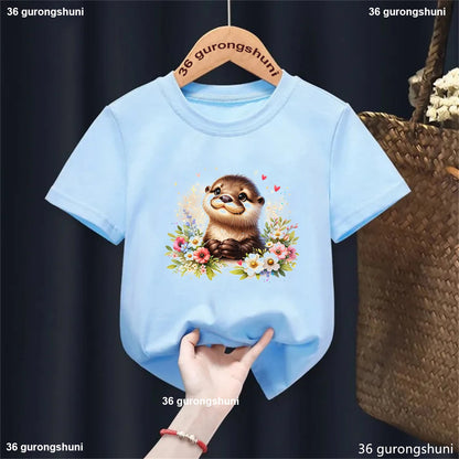 Kawaii Otter Love Printed T-Shirt for Kids