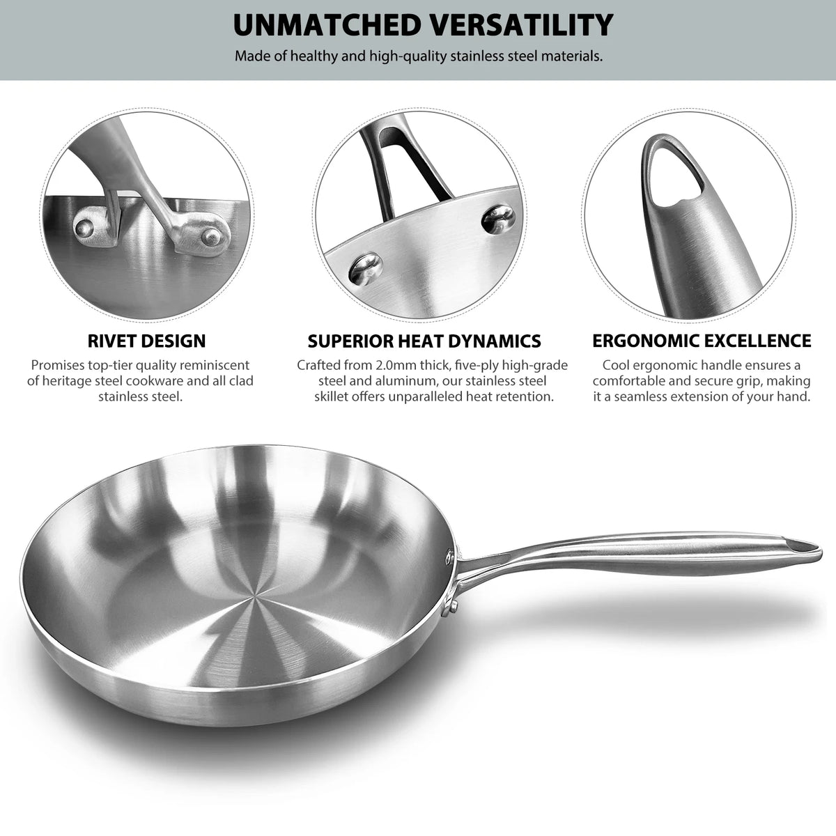 304 Stainless Steel Uncoated Frying Pan for Gas and Induction