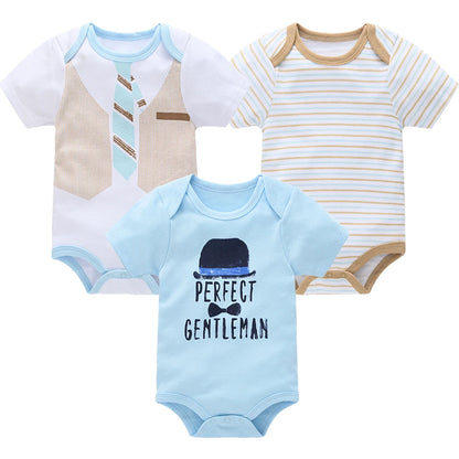 Baby Boy Summer Cotton Bodysuit Set Blue Grey Tie Print