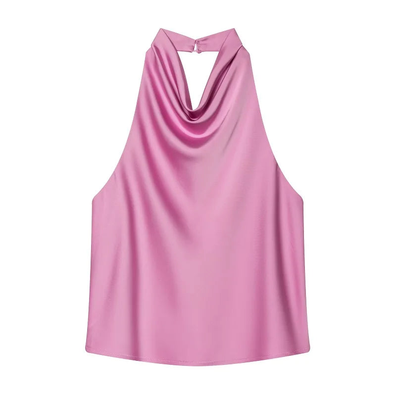 Black Satin Backless Halter Top for Women