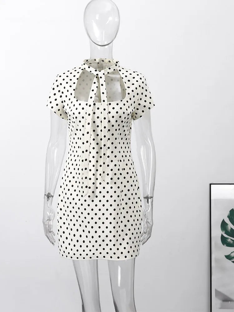 Hollow Out Polka Dot Women Dress with Zipper Closure