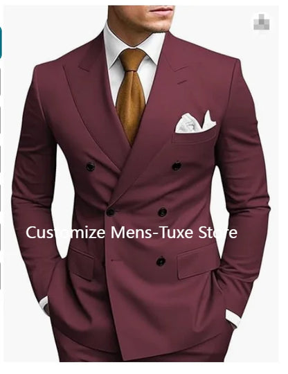 Brown Men's Slim Fit Double Breasted Suit Blazer