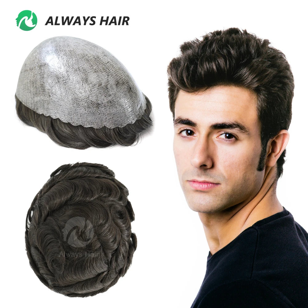 PU Men Toupee Indian Human Hair 130% Density Wig