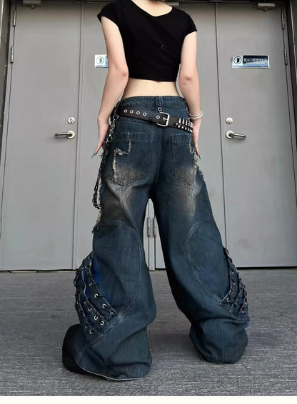 Vintage Distressed Wide Leg Cargo Jeans for Women