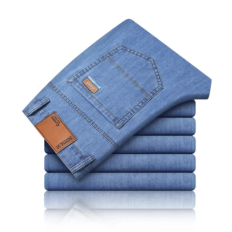 Men's Blue Straight Denim Jeans Lightweight Casual Trousers