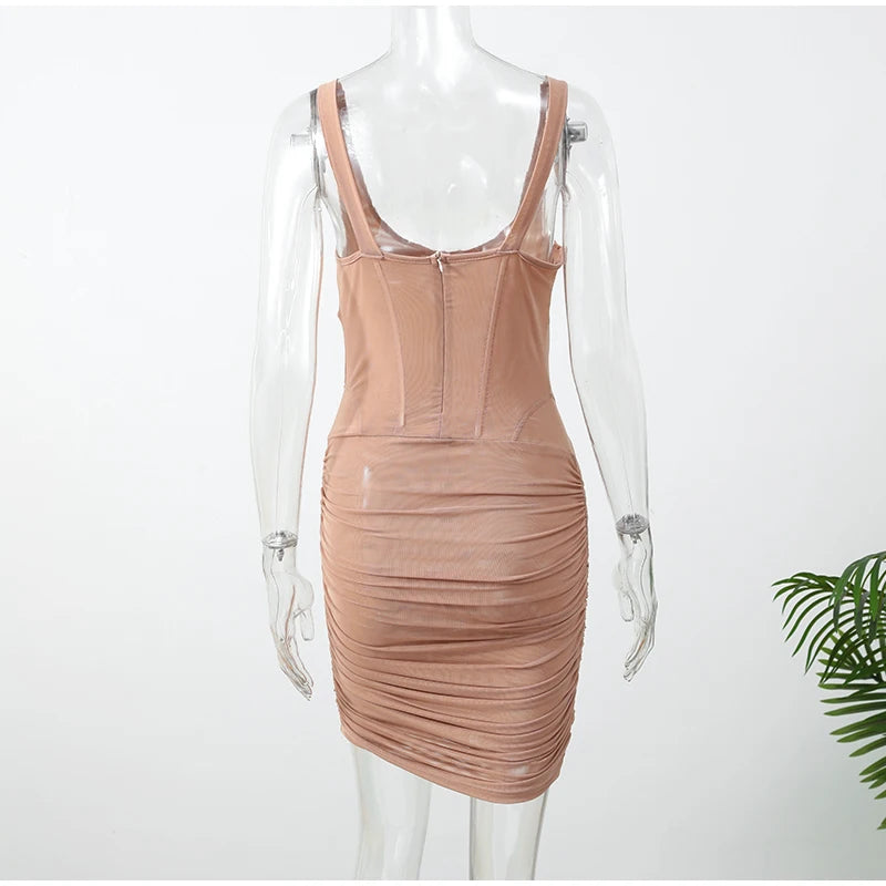 Elegant Fishbone V-neck Mini Dress Women Sleeveless Polyester
