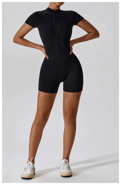 Summer Zipper Short Sleeve Yoga Bodysuit for Women