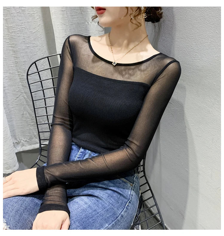 Women Slim Fit Long Sleeve Mesh T-Shirt