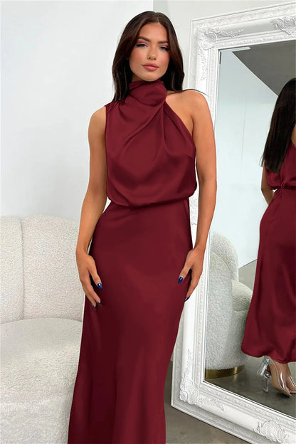 Elegant Silk Satin Sleeveless Long Dress for Women