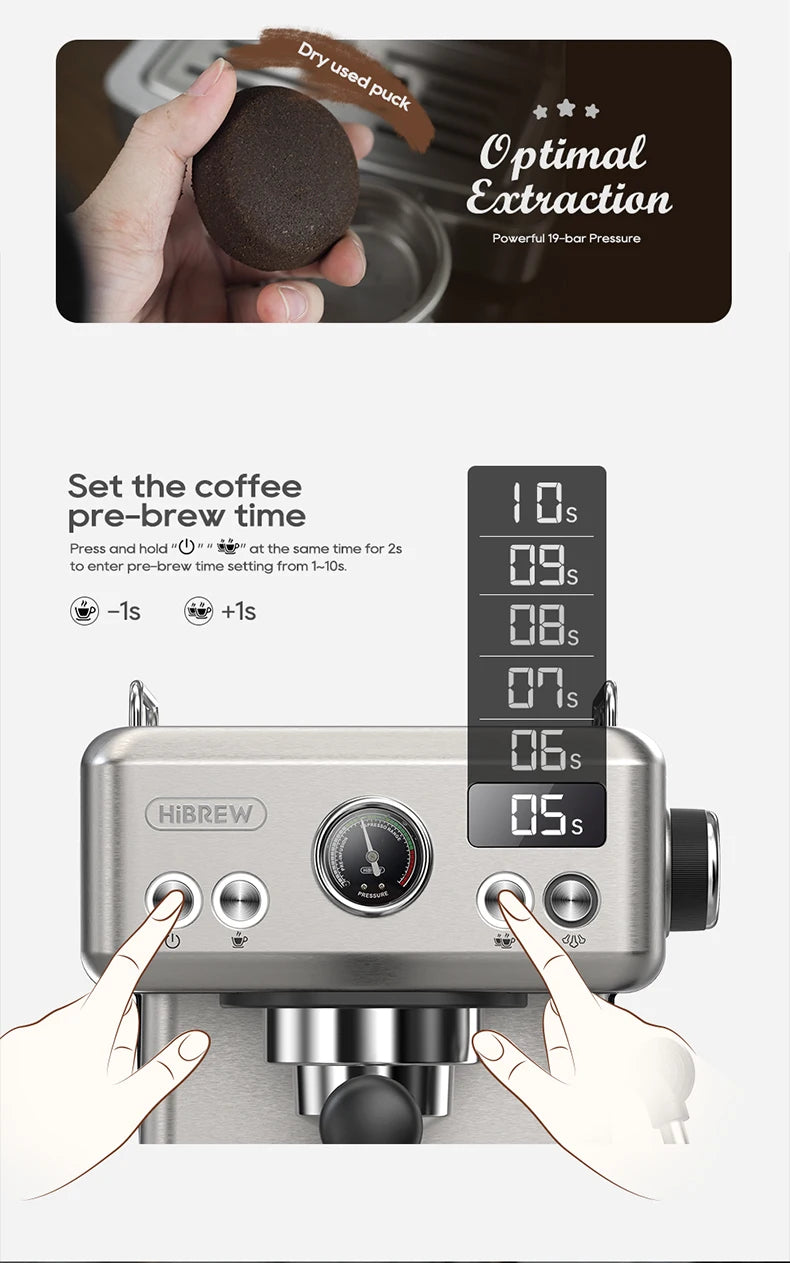 HiBREW 20Bar Semi Automatic Espresso Machine Stainless Steel
