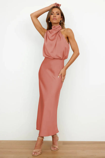 Elegant Silk Satin Sleeveless Long Dress for Women