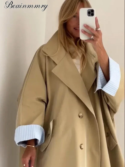 Khaki Long Color-block Stripe Trench Coat for Women