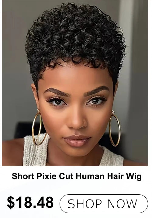 1B Pixie Cut Human Hair Wig Loose Curly Bangs 6 Inch