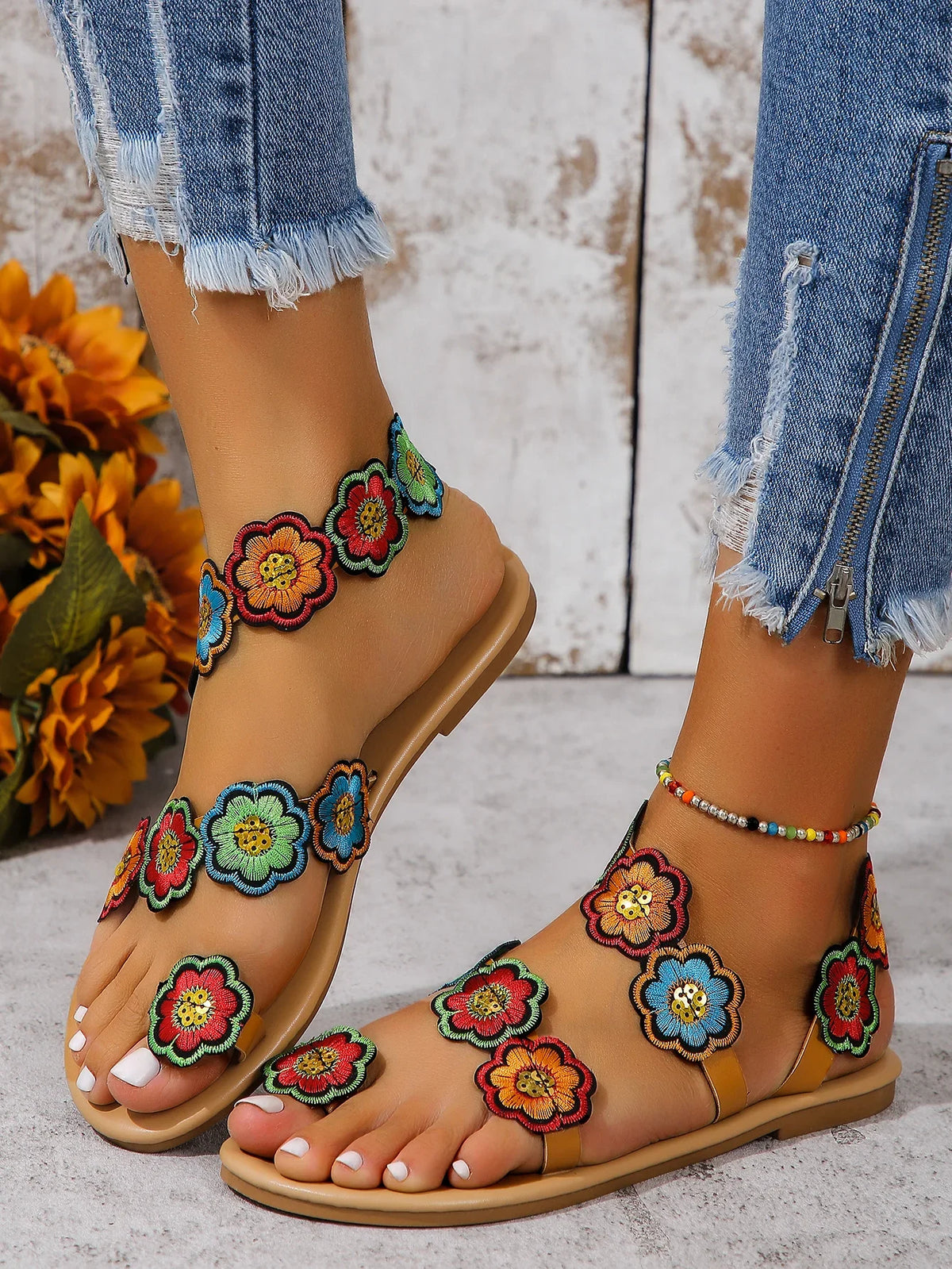 Yellow Faux Flower Embroidered Flat Sandals Size 43