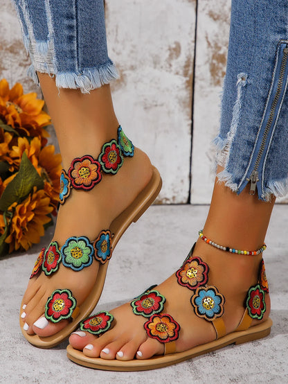 Yellow Faux Flower Embroidered Flat Sandals Size 43