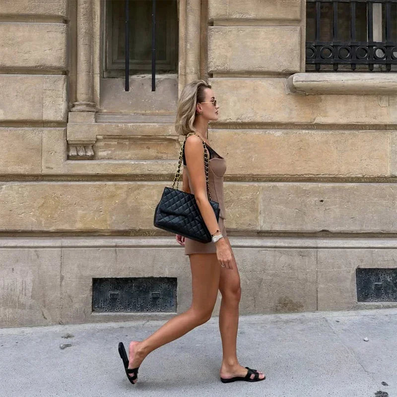 Elegant Fishbone V-neck Mini Dress Women Sleeveless Polyester