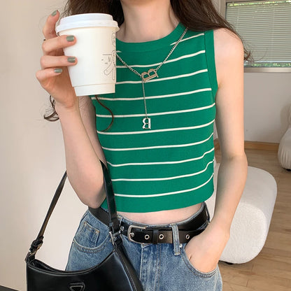 Striped Knit Sleeveless Waistcoat for Women