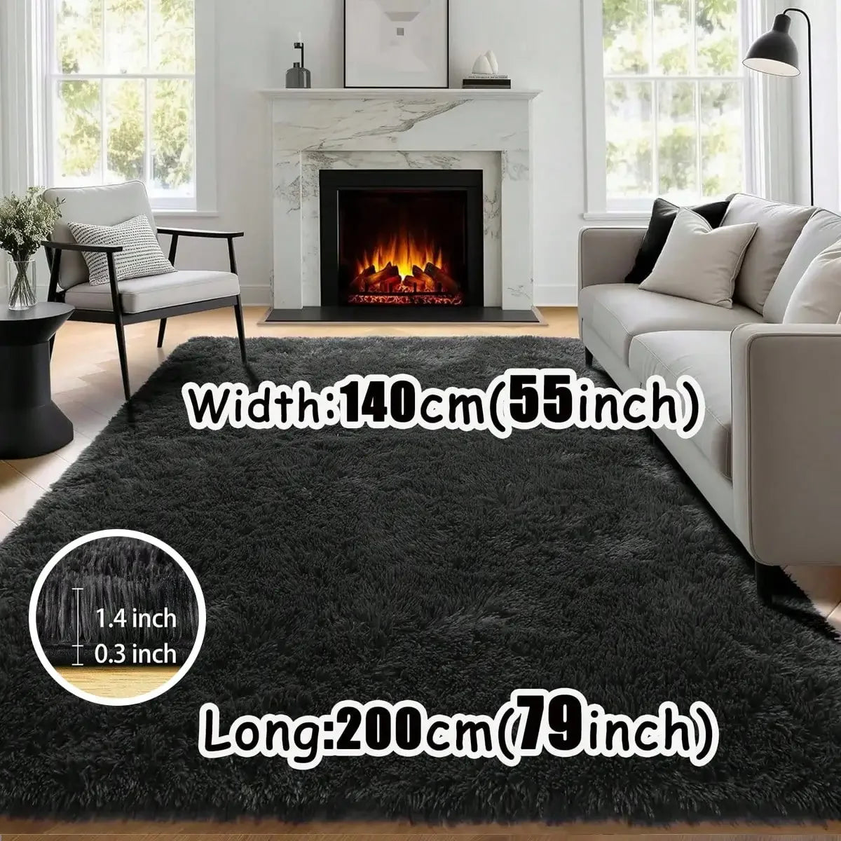 Black Plush Long-Pile Carpet, Soft Non-Slip Rug