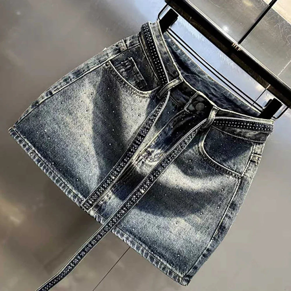 Oversize Diamond Denim Mini Skirt Women Gradient Black Grey