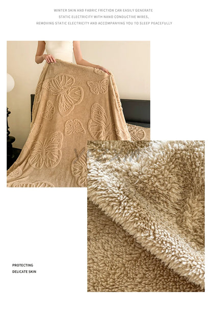 Coral Fleece Autumn Blanket with 3D Butterflies