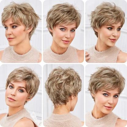 Light Blonde Mixed Off-White Pixie Cut Wig with Bangs