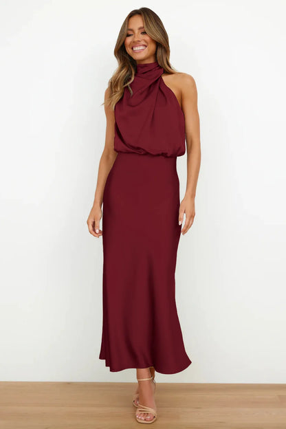 Elegant Silk Satin Sleeveless Long Dress for Women
