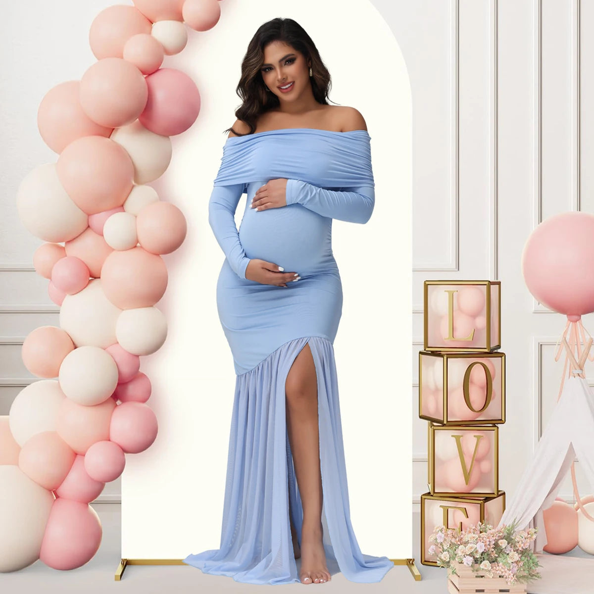 Elegant Off-Shoulder Maternity Dress with Slits